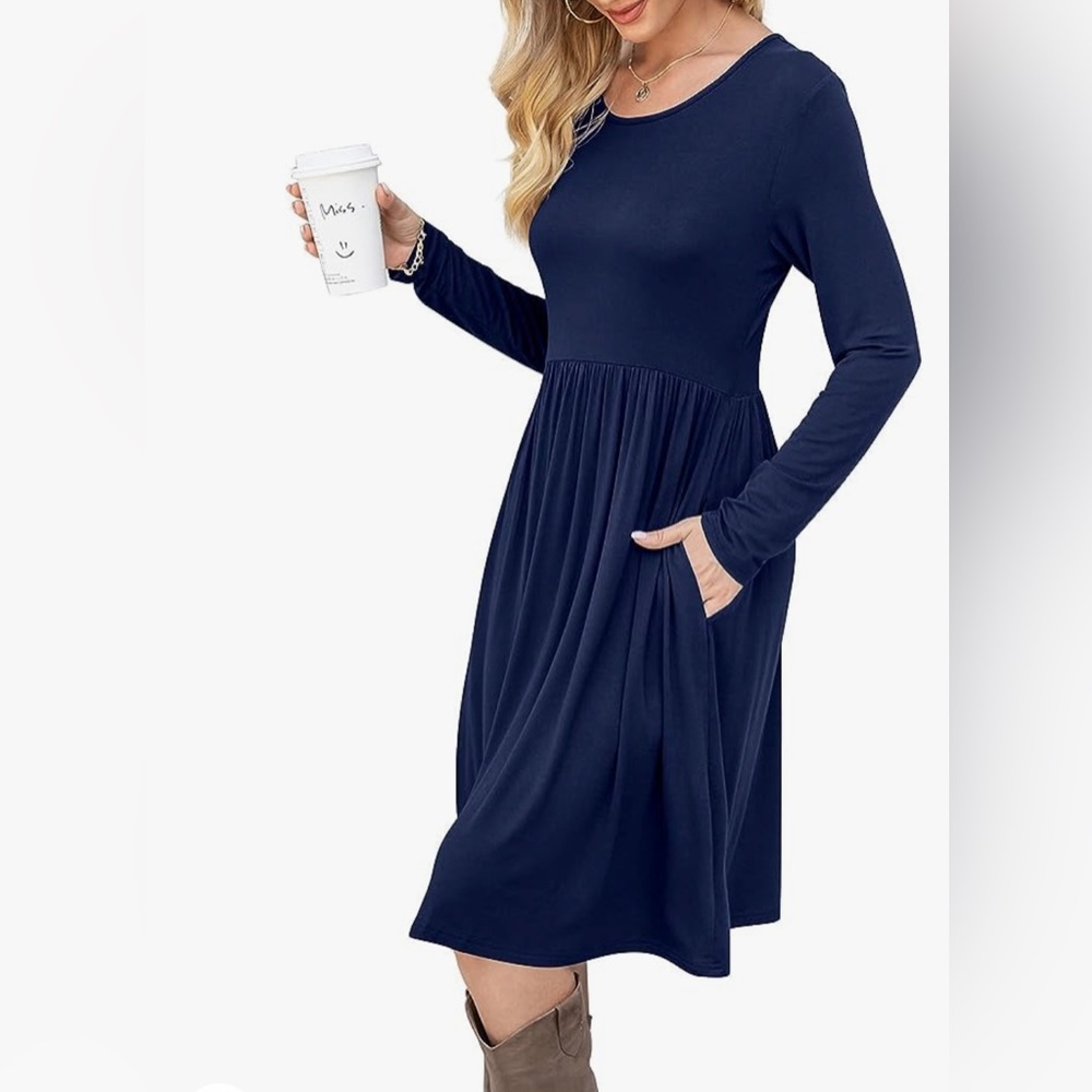 Casual Long Sleeve Dresses Empire Waist Knee Length Loose Dress with Pockets